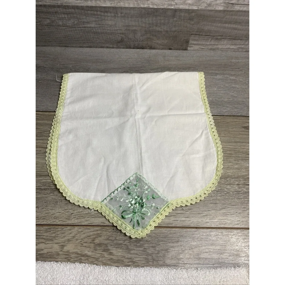 White Dresser Scarf w Yellow Crocheted Trim & Green Embroider Floral Print 26x12